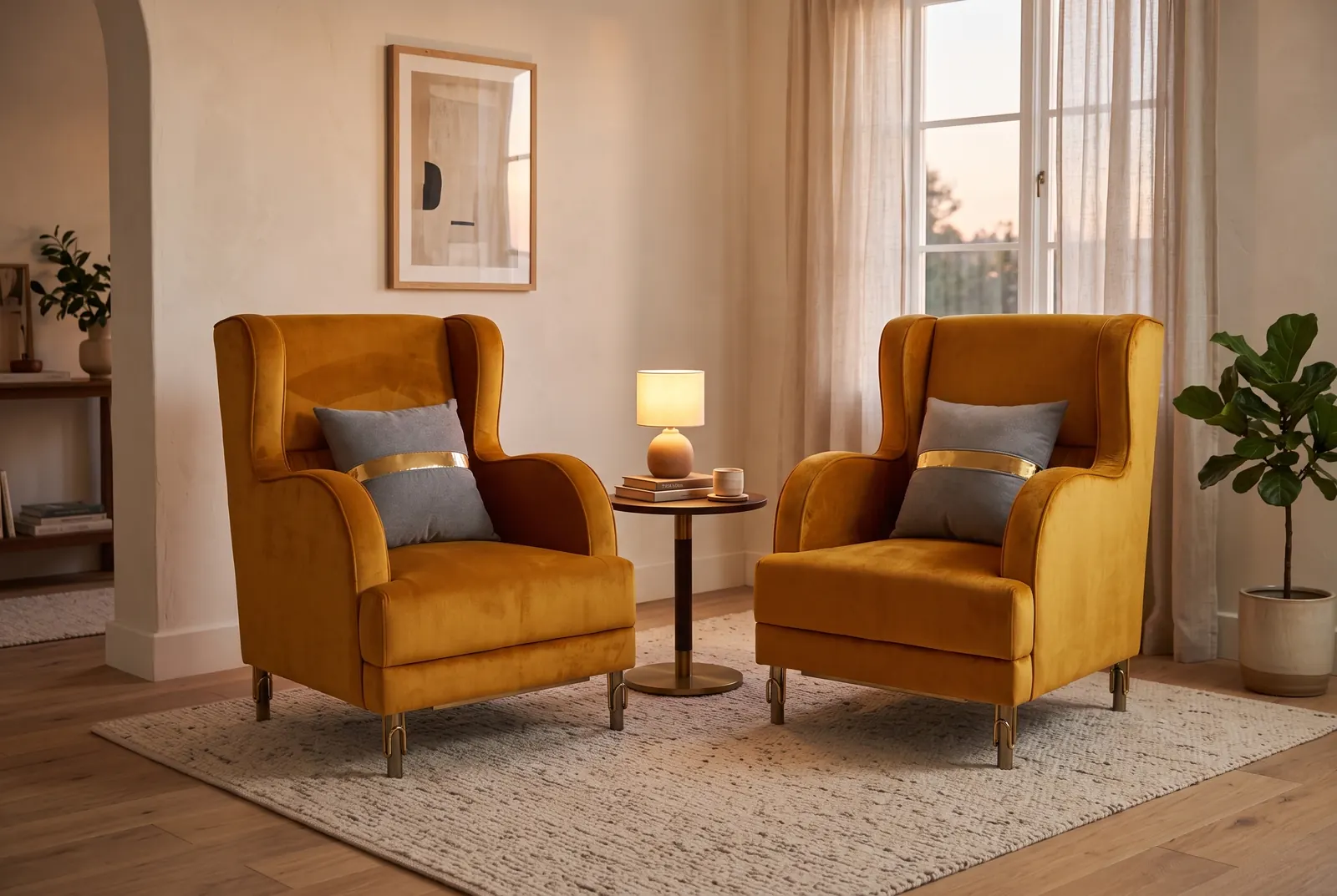 Two mustard velvet wing armchairs with grey cushions and gold trim