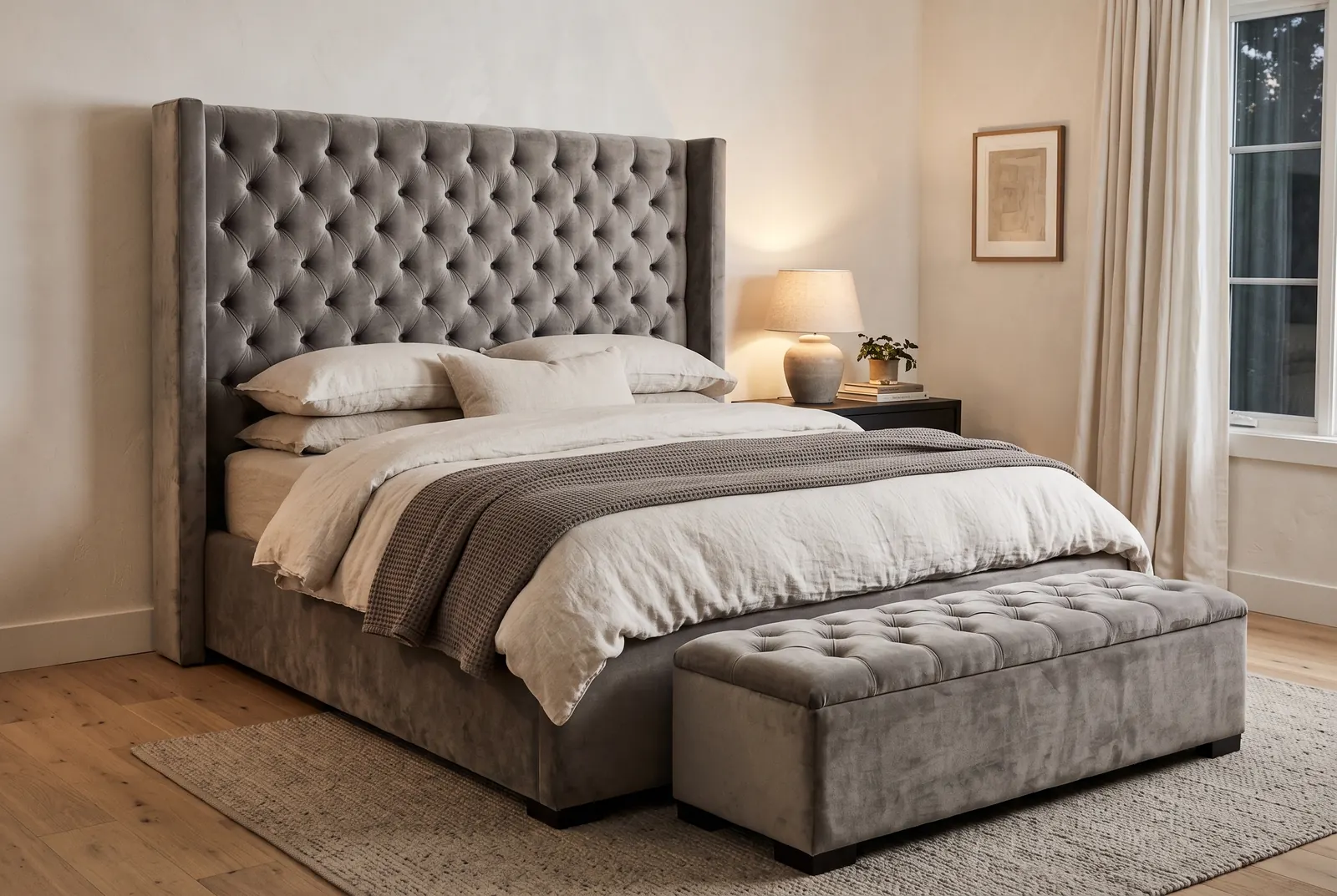 A grey velvet bed with a tall button-tufted wing headboard and a matching tufted bench at the foot