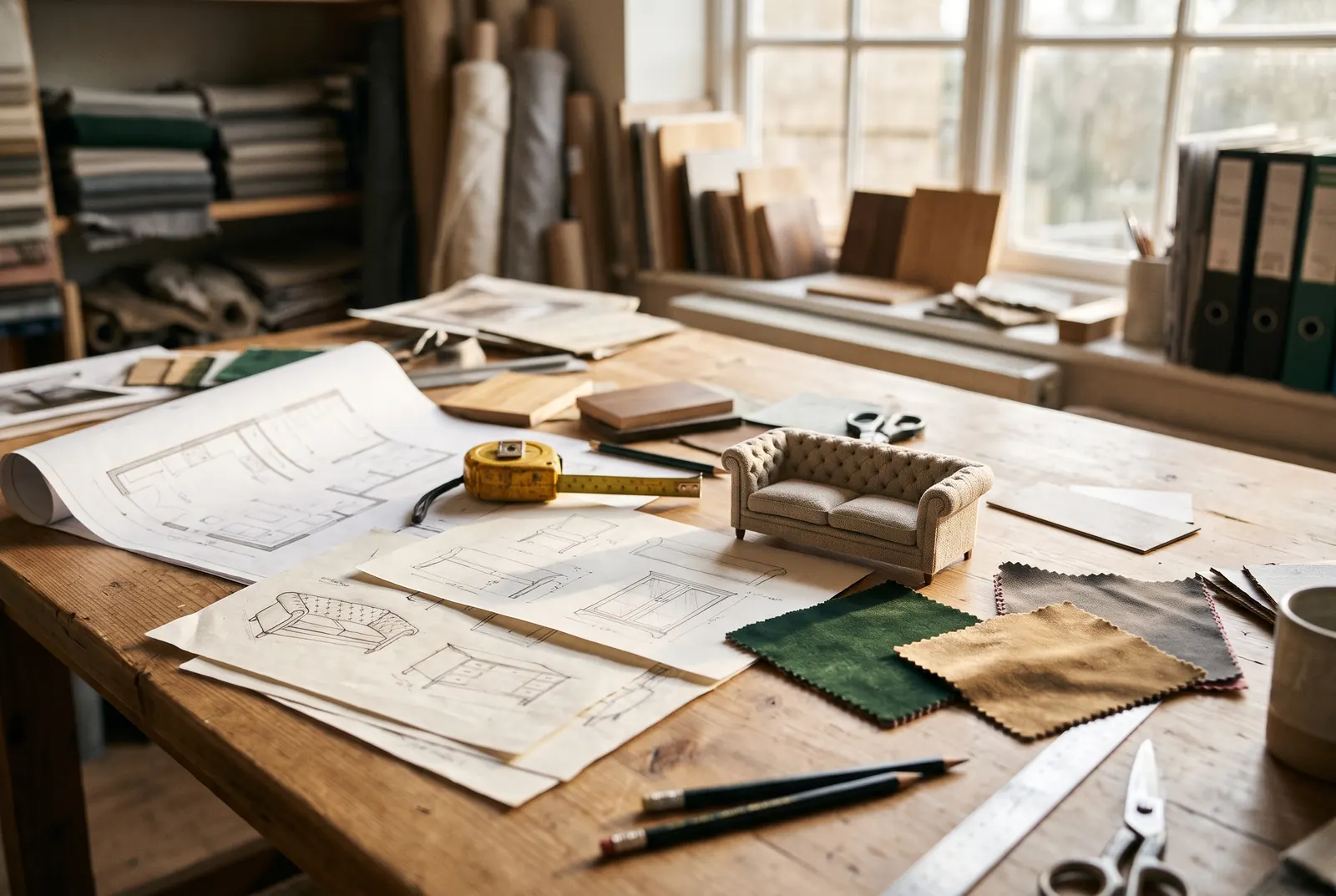 A design table with sketches, a floor plan, a tape measure, velvet swatches and a small tufted sofa model