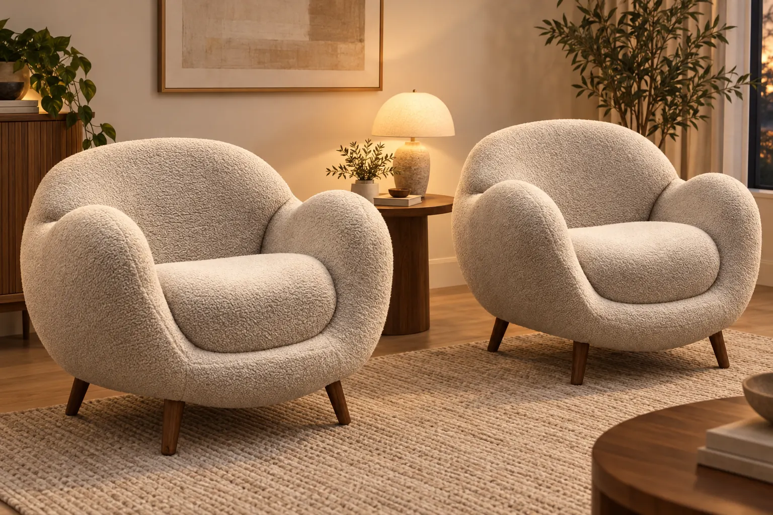 Two cream boucle armchairs with deep rounded backs and slim wooden legs
