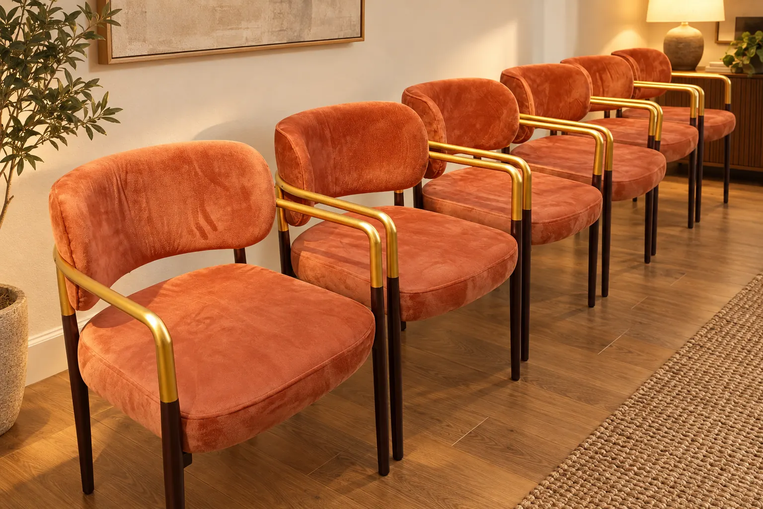 A row of burnt-orange velvet chairs with gold-finish arms and dark wood legs