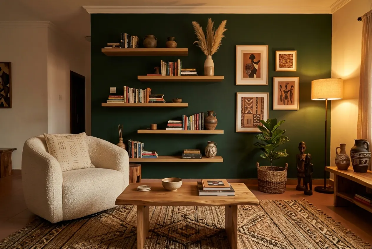 A living room with a dark green wall, wood floating shelves, framed art, a cream boucle armchair and a wood coffee table