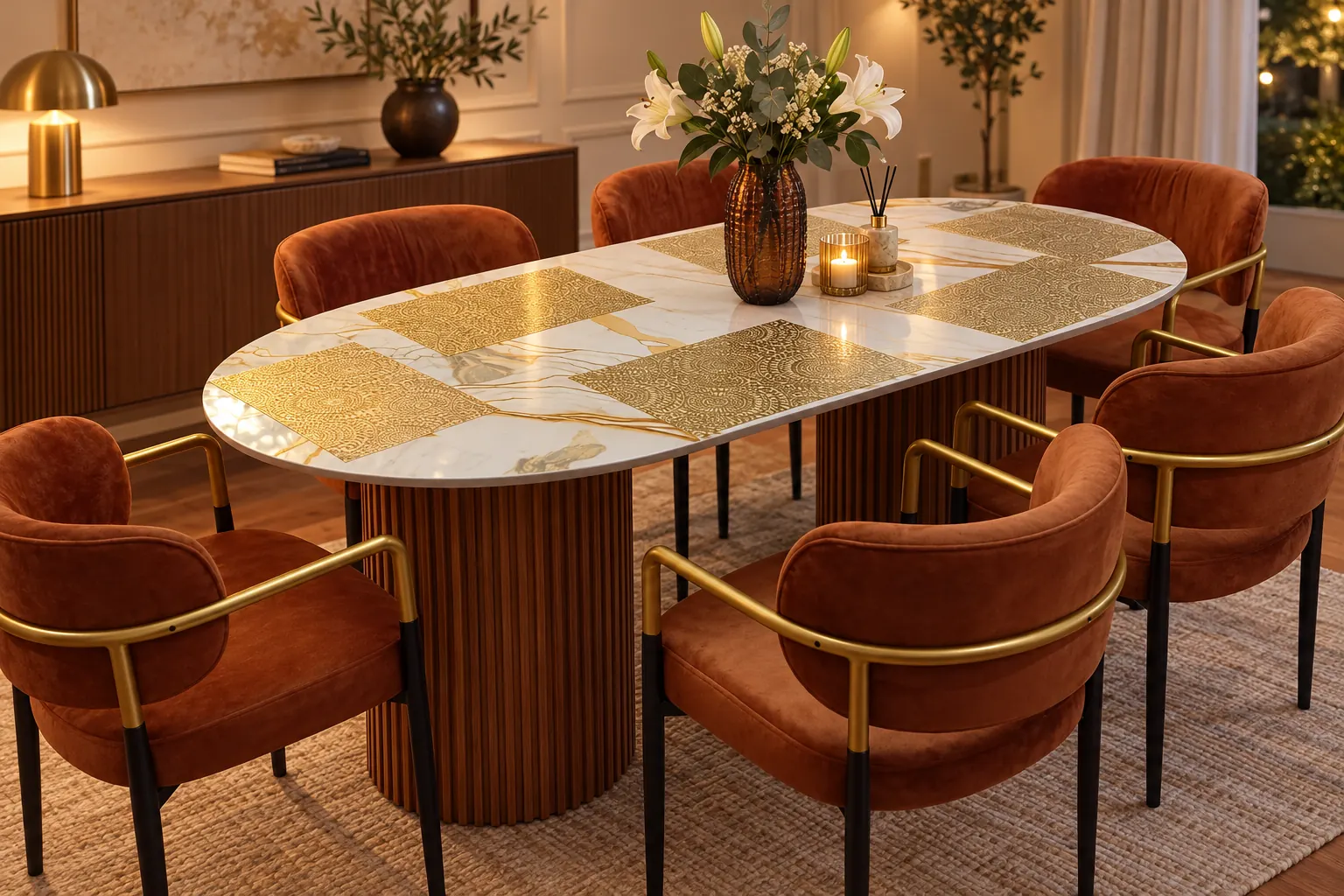 Close view of rust velvet dining chairs with gold-finish arms and dark legs around the oval table