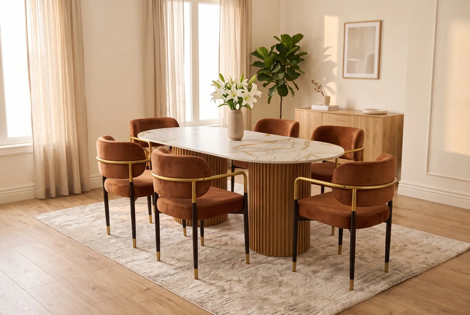 An oval dining table with a marble-look top and a fluted base, surrounded by rust velvet chairs with gold arms