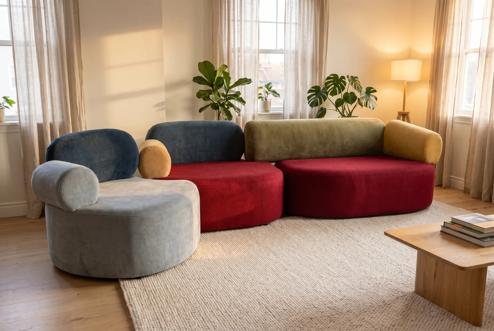 A curved modular sofa in grey-blue, navy, red, olive and yellow