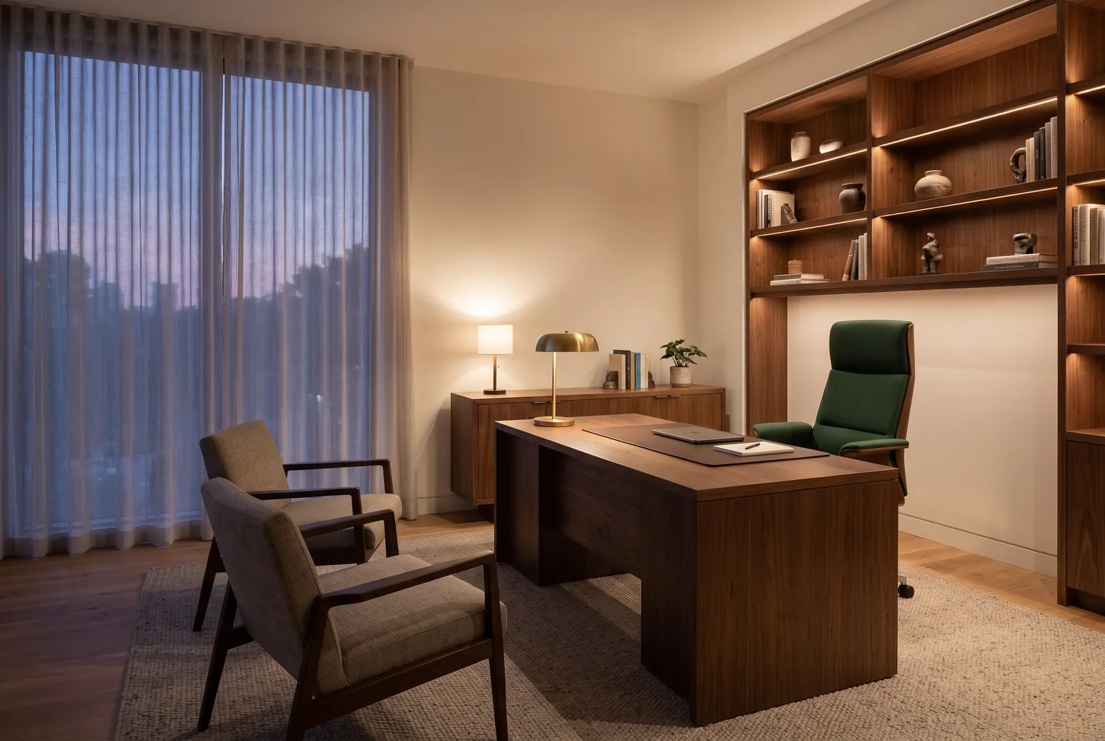 An office with a wood desk, a green high-back chair, shelving and two visitor chairs