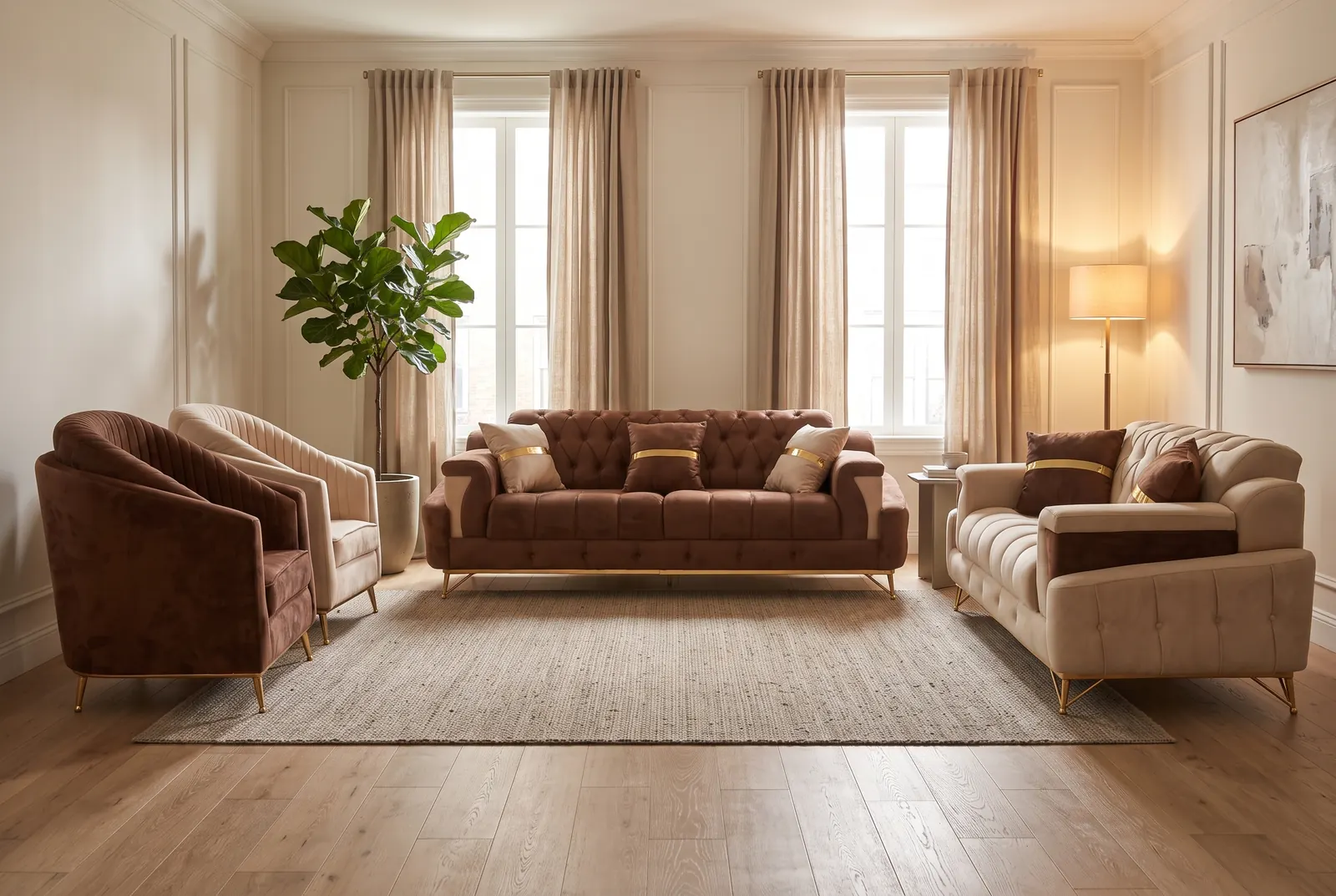 A brown button-tufted three-seater sofa with a brown armchair, a cream armchair and a cream sofa with a brown inset, all on slim gold legs