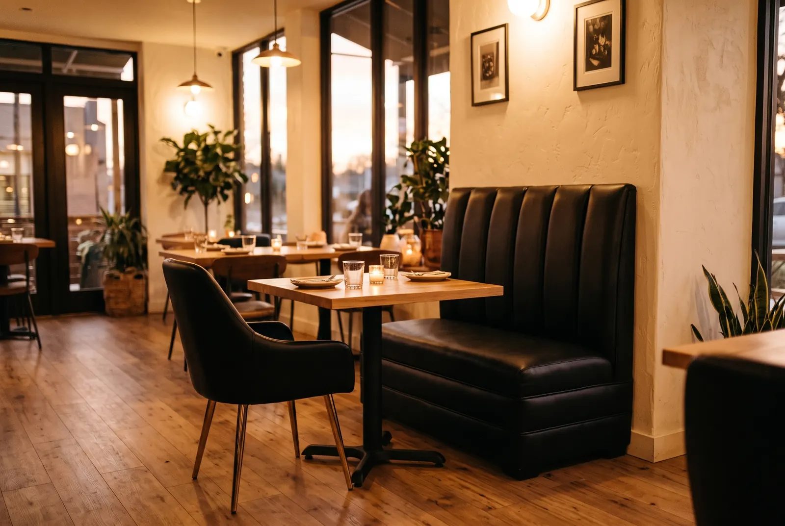 A black leather booth seat with vertical channel stitching and a black chair with slim gold legs