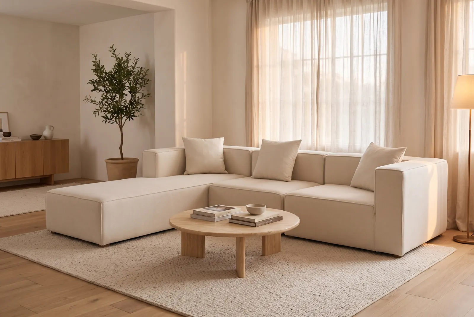 A cream L-shaped settee with a chaise on the left, low boxy blocks and square arms