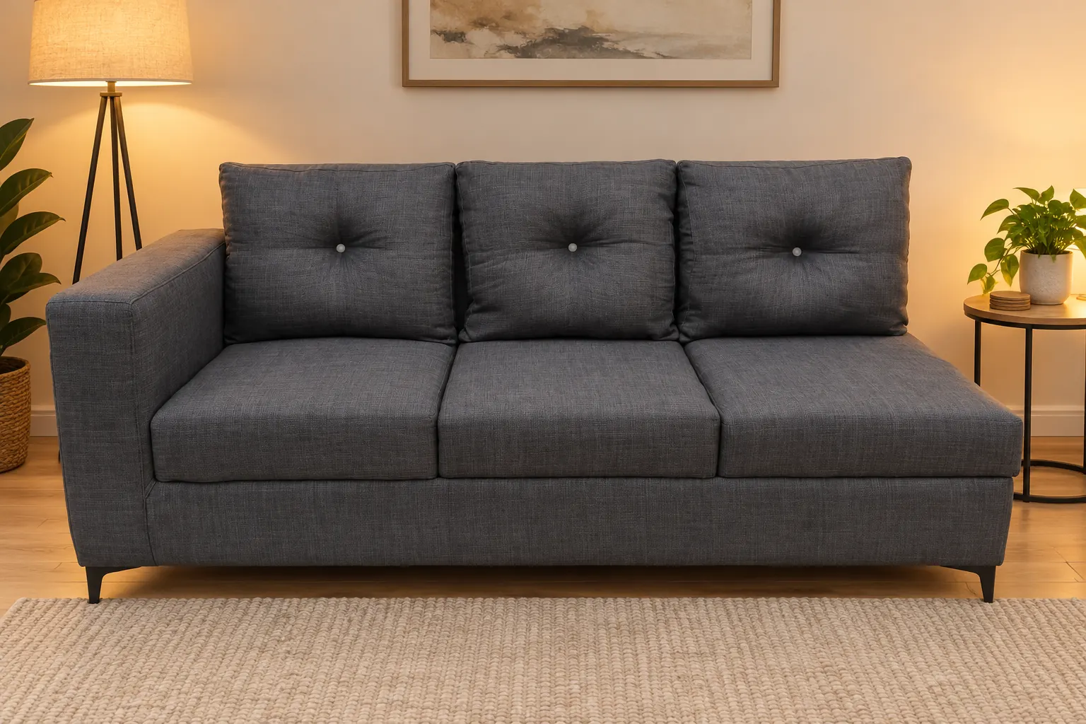 The same charcoal sofa from the front: three buttoned back cushions, black legs, arm on the left and an open right end