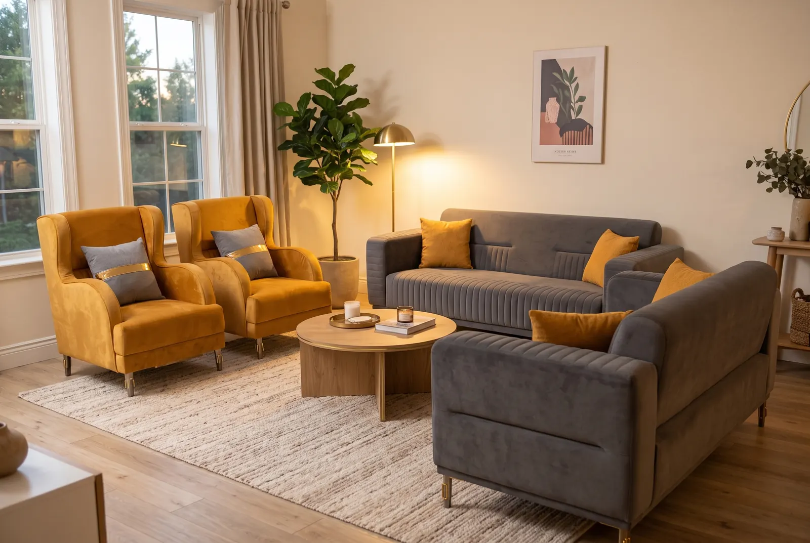 A grey velvet sofa set with mustard cushions and two mustard wing armchairs in a warm living room