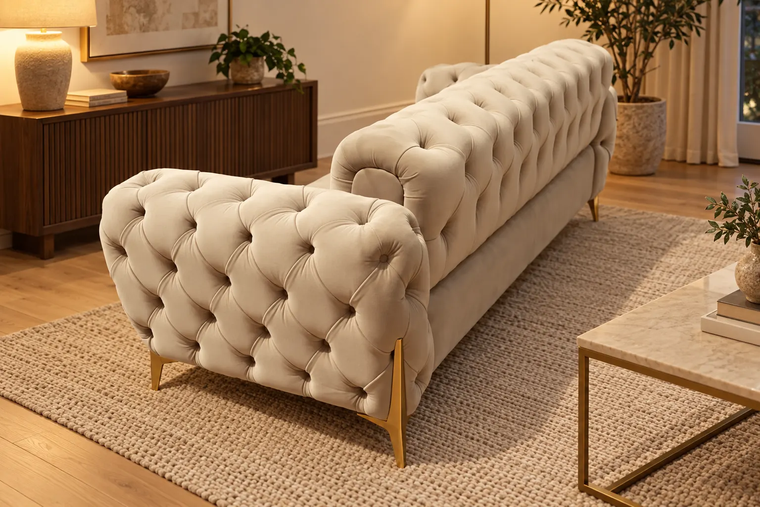 A cream button-tufted sofa from behind, with deep tufting on the arm and back and gold legs