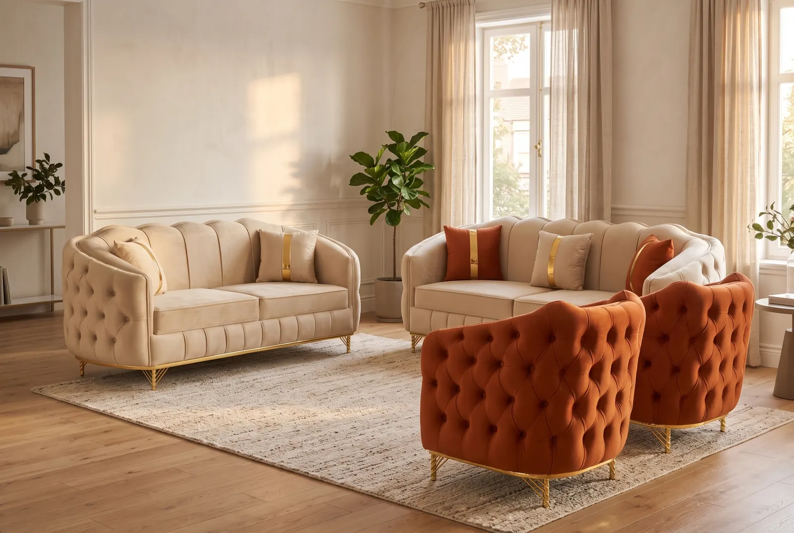 Two burnt-orange button-tufted barrel armchairs in front of two cream sofas with gold-strip cushions