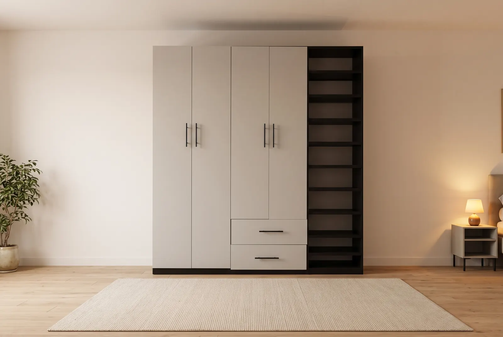 A light grey four-door wardrobe with two drawers and a dark open shelving tower