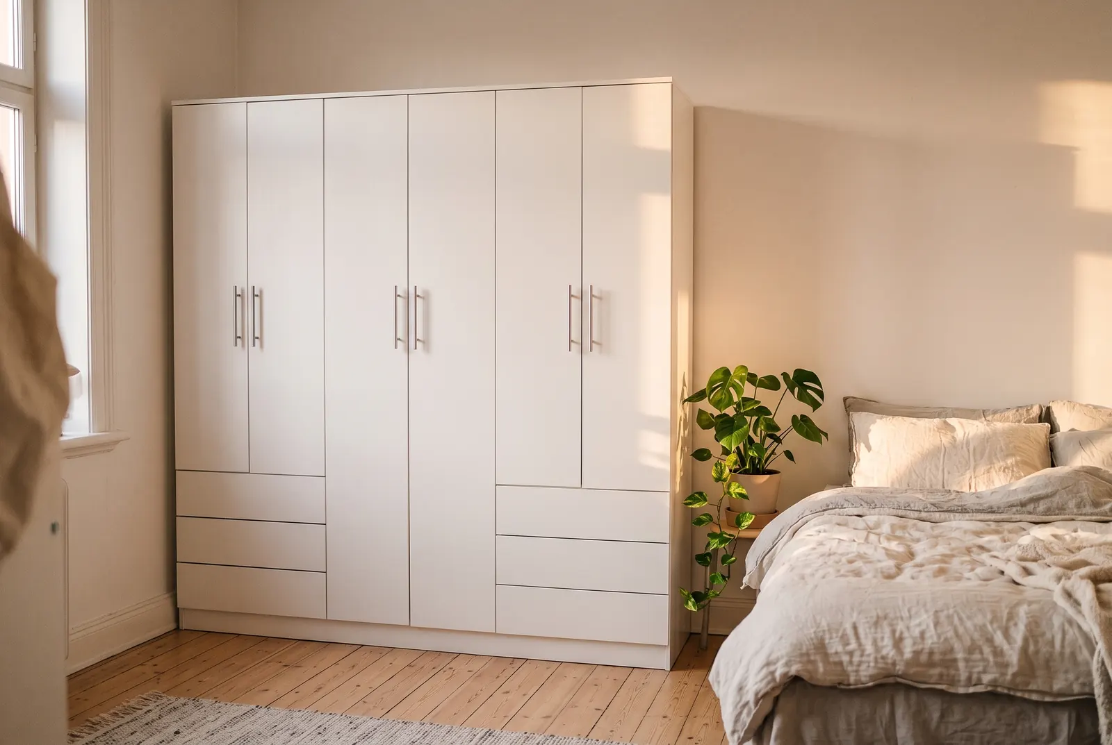 A white six-door wardrobe with silver bar handles and three drawers at each end
