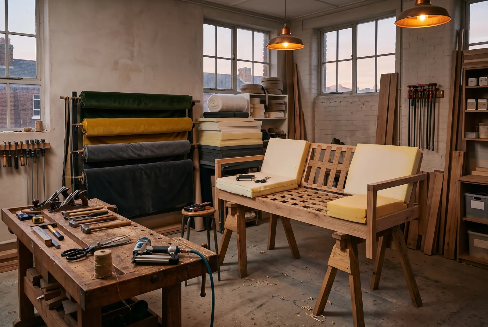 A furniture workshop: a work bench with tools, rolls of velvet fabric, foam sheets and a half-finished sofa frame